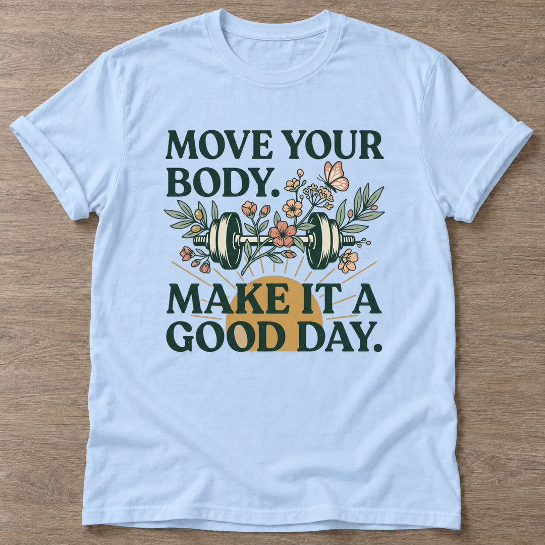 Light Blue Dumbbell Bloom T-shirt — floral strength design, for women who train