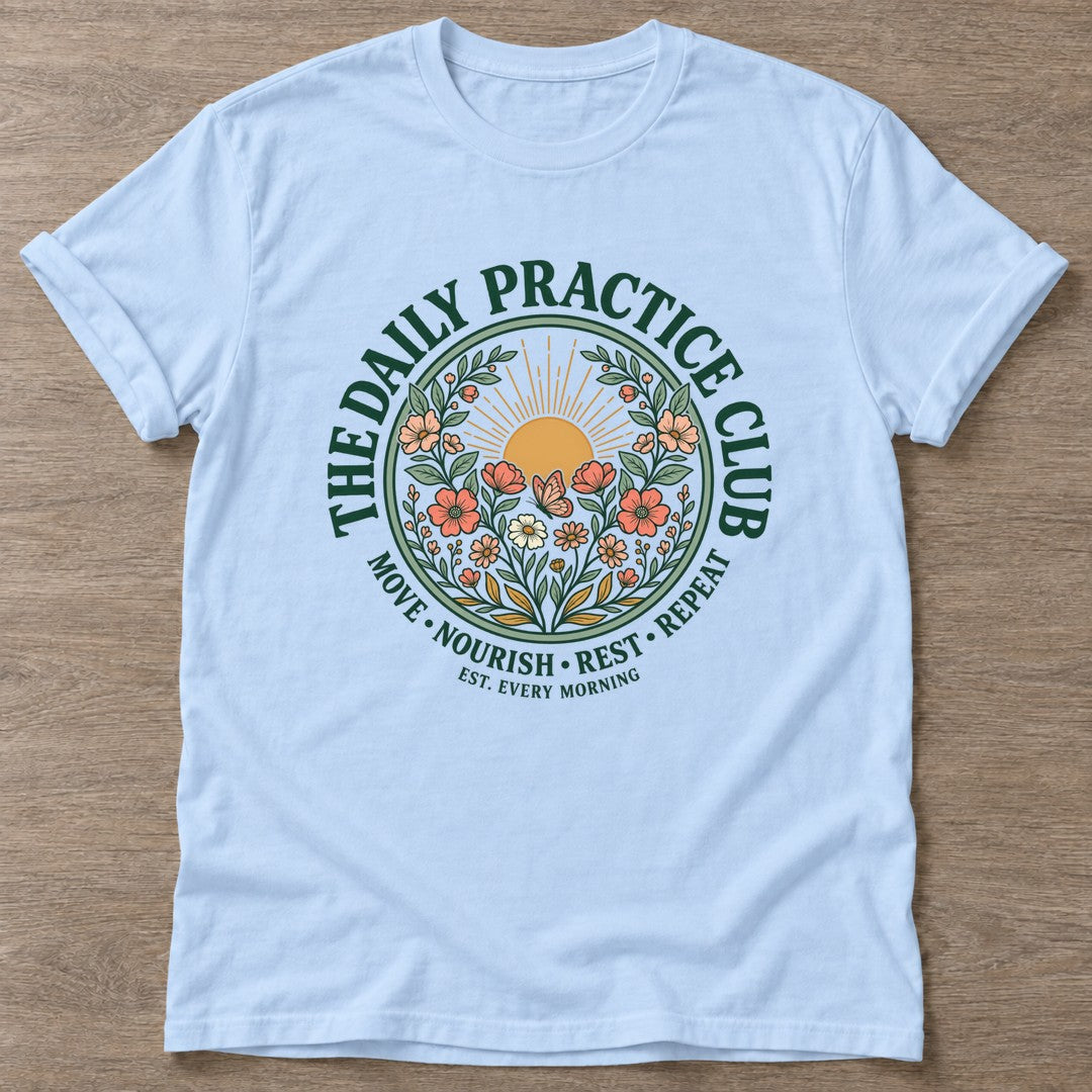 Light Blue Bloom Repeat T-shirt — floral strength design, for women who train