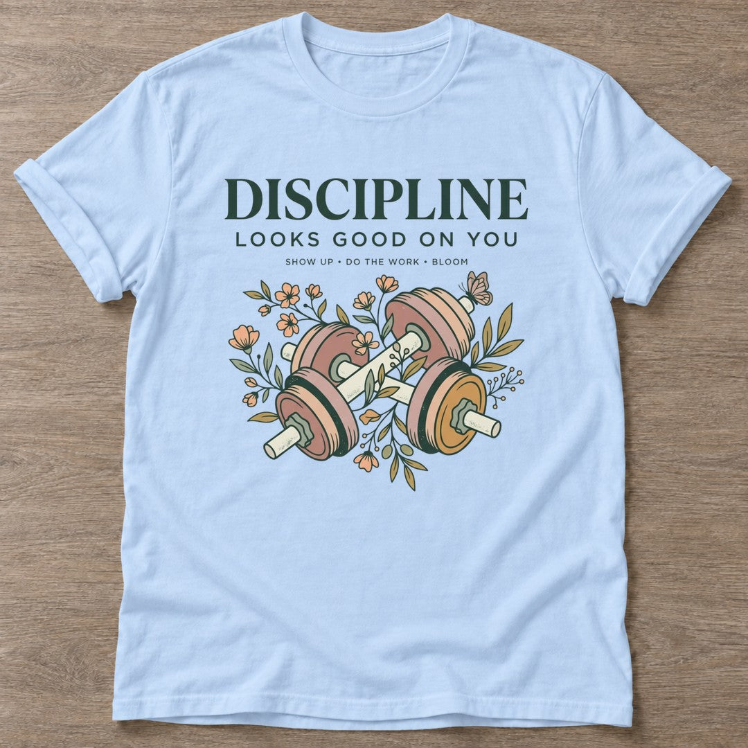Light Blue Show Up Bloom T-shirt — floral strength design, for women who train