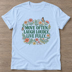 Light Blue Bloom In Motion T-shirt — floral strength design, for women who train