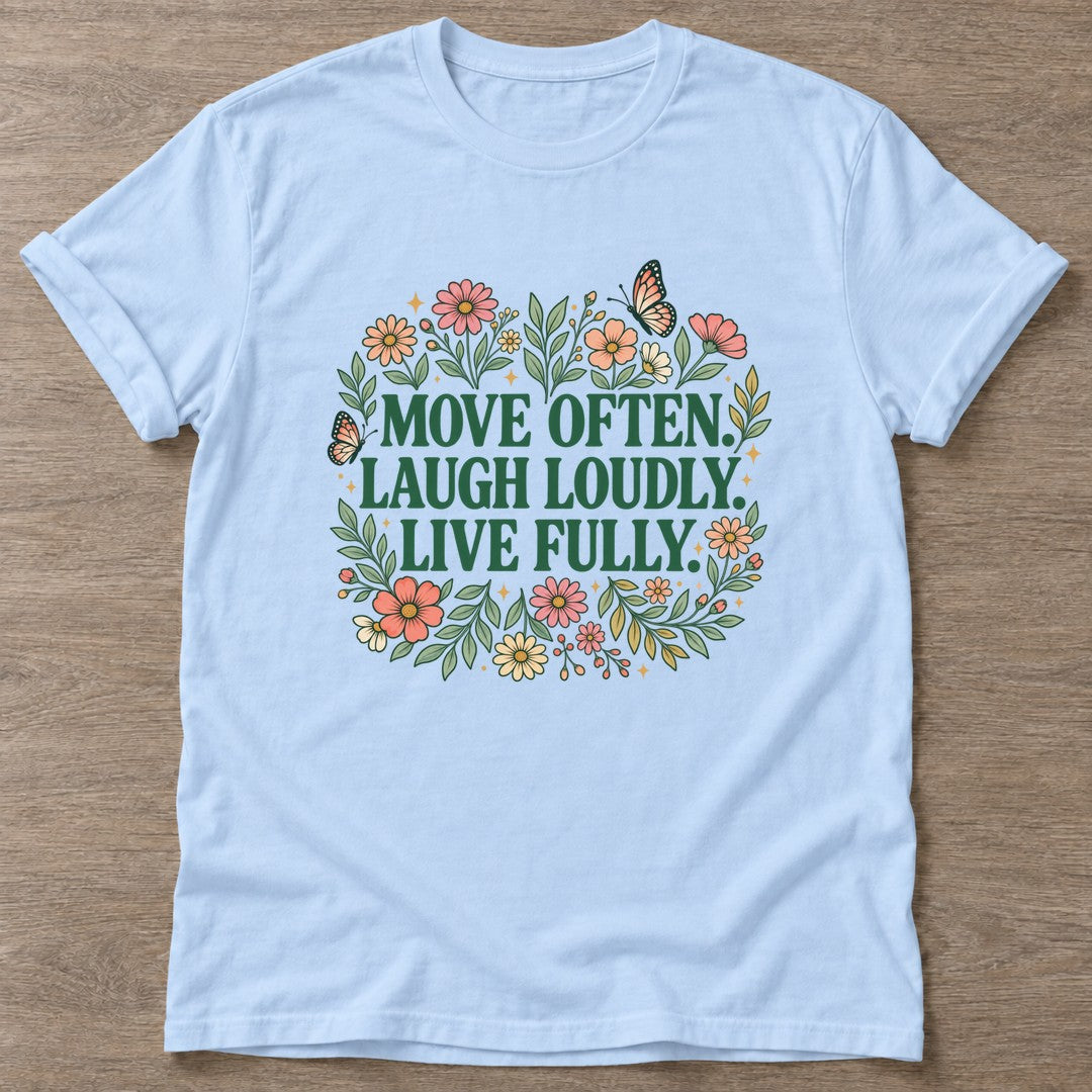 Light Blue Bloom In Motion T-shirt — floral strength design, for women who train
