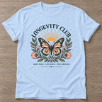 Light Blue Butterfly Longevity T-shirt — longevity training design, for women over 40