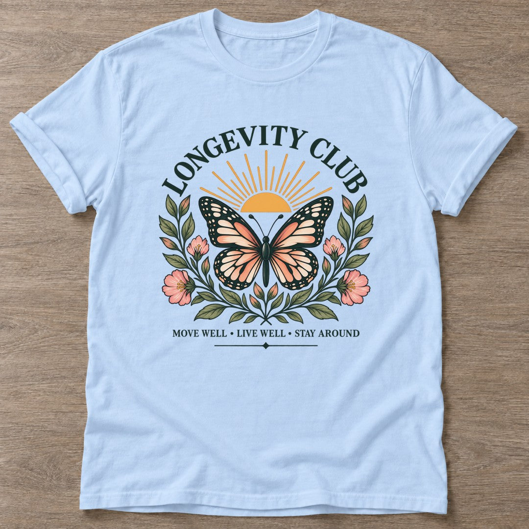 Light Blue Butterfly Longevity T-shirt — longevity training design, for women over 40