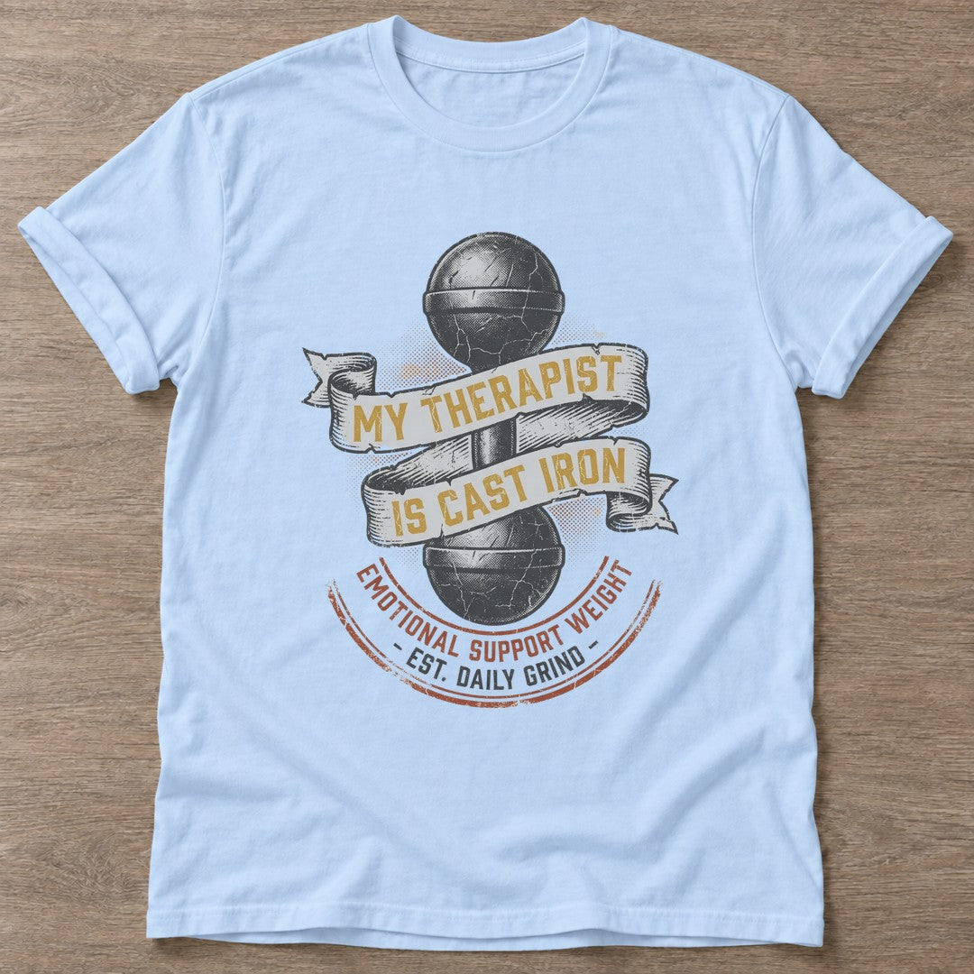 Light Blue Cast Iron Therapy T-shirt — weightlifting design, for women who lift