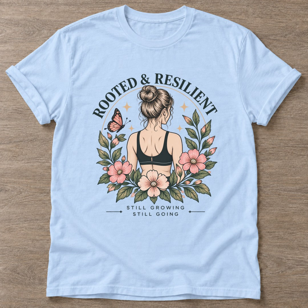 Light Blue Bloom Unshaken T-shirt — floral strength design, for women who train
