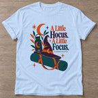 Light Blue Hocus Focus T-shirt — funny gym slogan, for women who train and laugh about it