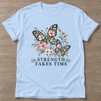 Light Blue Strength Takes Time T-shirt — longevity training design, for women over 40