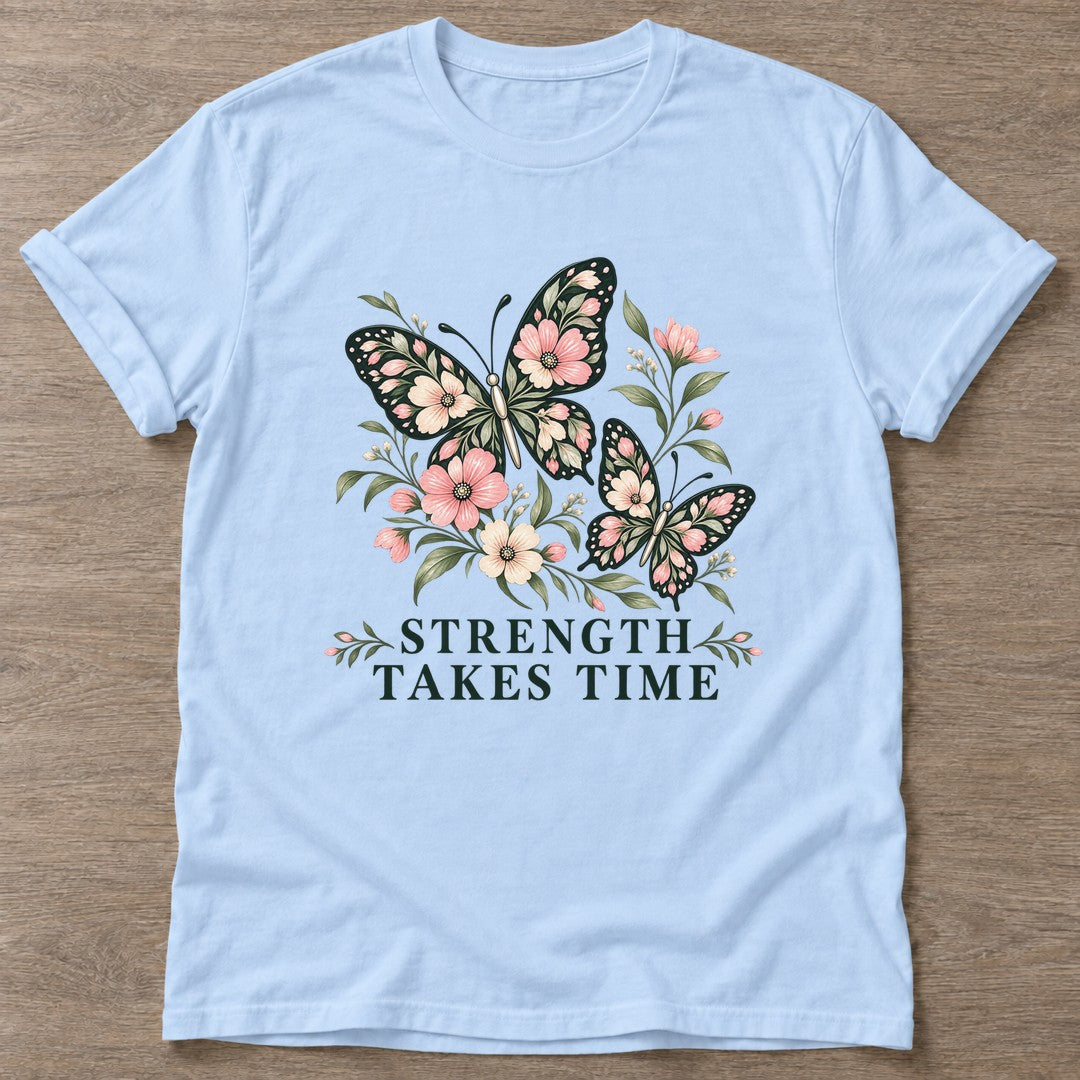 Light Blue Strength Takes Time T-shirt — longevity training design, for women over 40