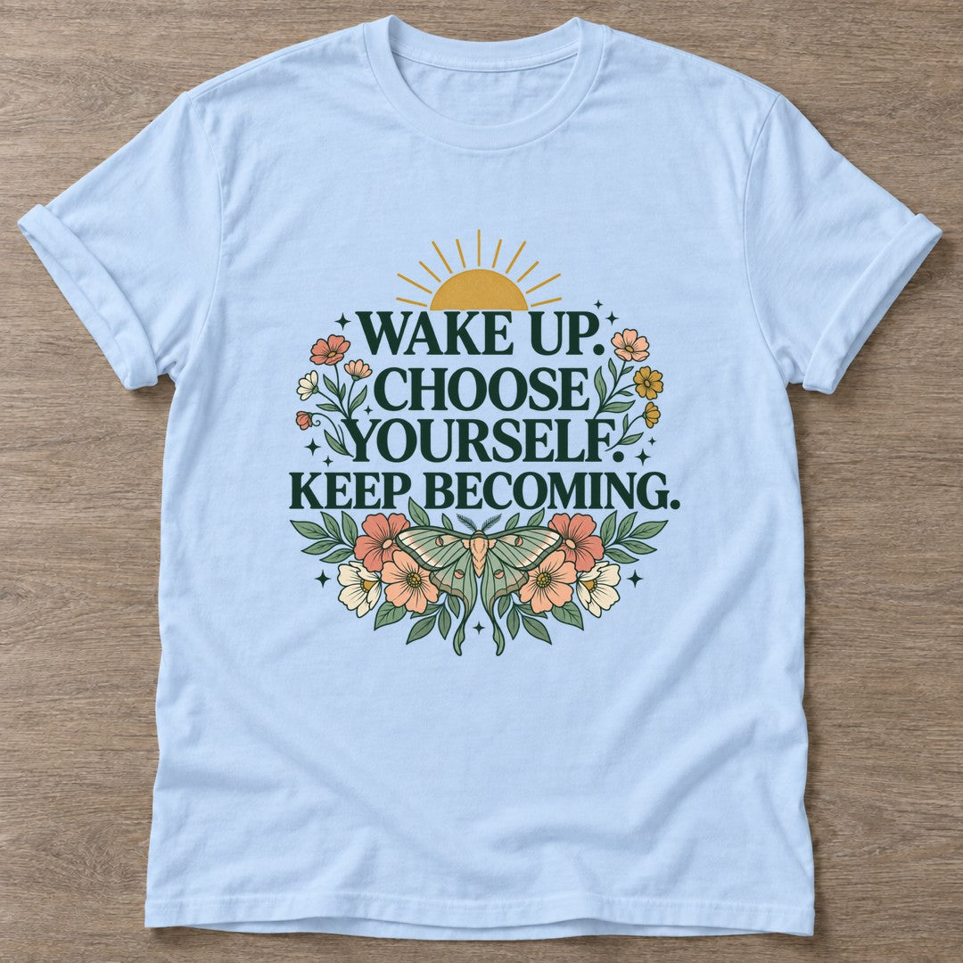 Light Blue Bloom Intentional T-shirt — floral strength design, for women who train