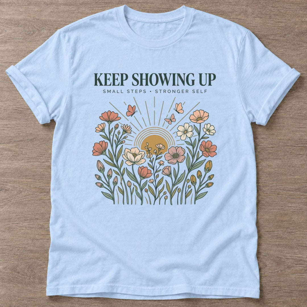 Light Blue Small Steps Strong T-shirt — motivational slogan design, for women who train