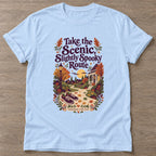 Light Blue Scenic Spooky Route T-shirt — walking club design, for women who walk