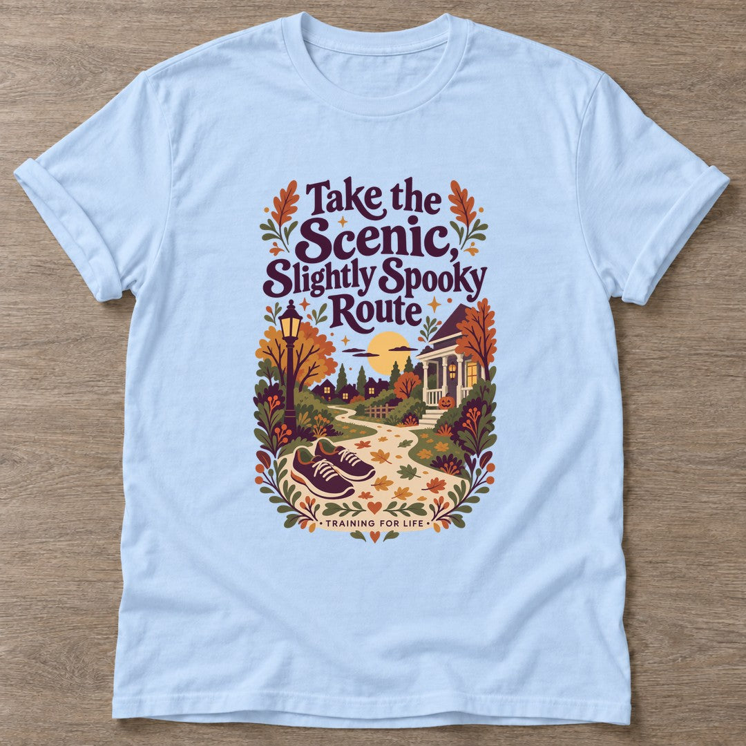 Light Blue Scenic Spooky Route T-shirt — walking club design, for women who walk
