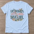 Light Blue Gym And Bloom T-shirt — floral strength design, for women who train