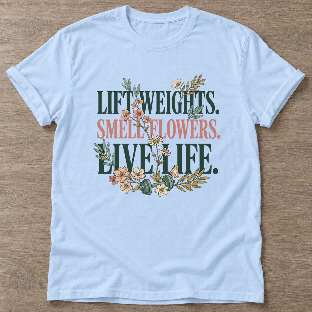 Light Blue Gym And Bloom T-shirt — floral strength design, for women who train