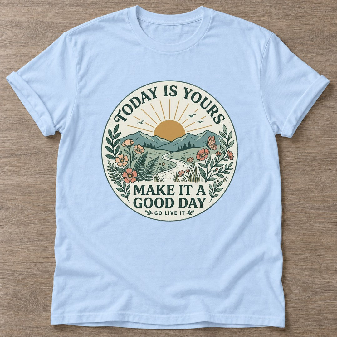 Light Blue Sunrise Intention T-shirt — motivational slogan design, for women who train