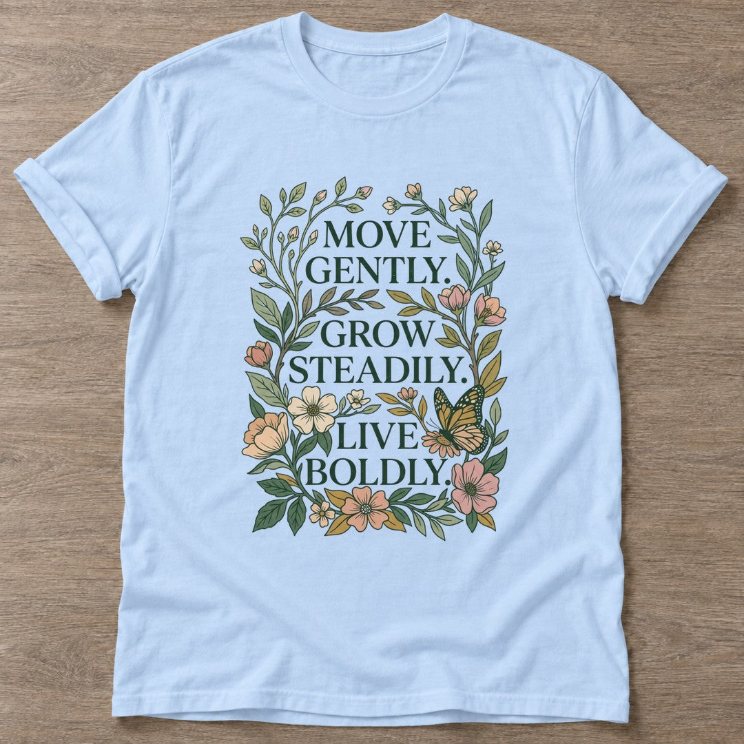 Light Blue Live Boldly T-shirt — motivational slogan design, for women who train