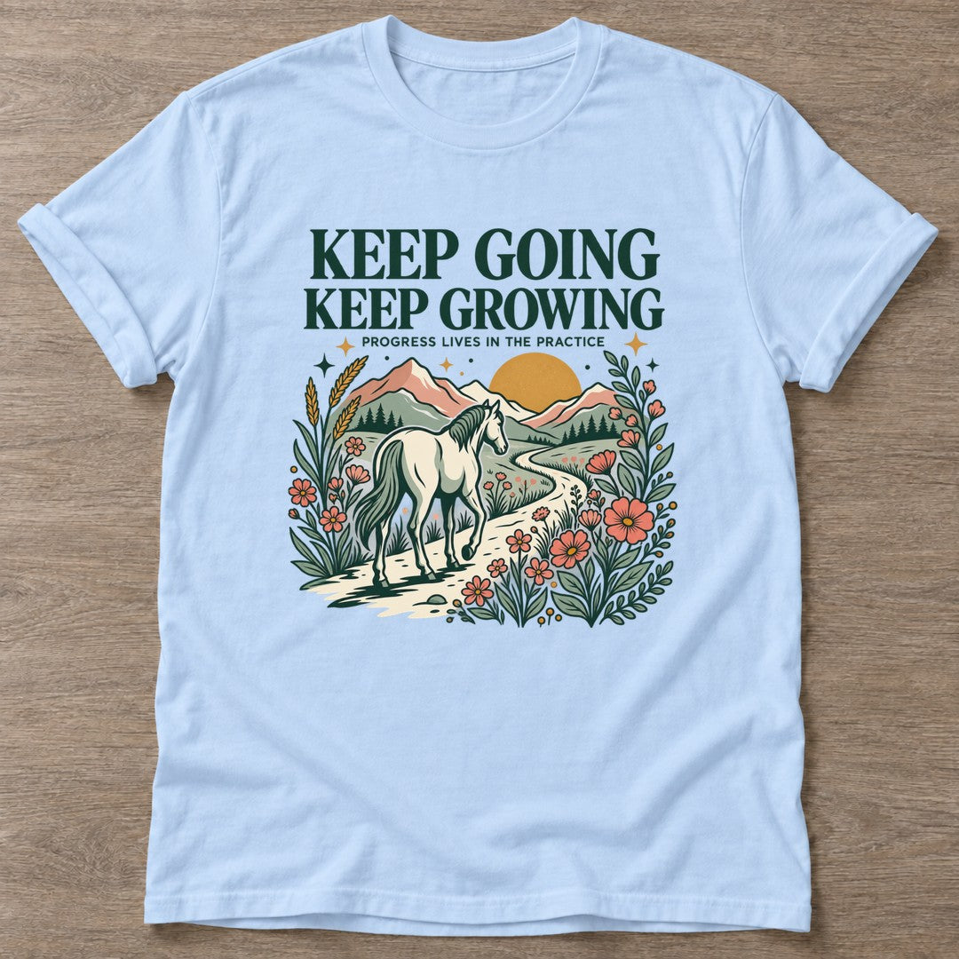 Light Blue Progress Practice T-shirt — growth mindset design, for women building a habit