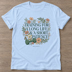 Light Blue Patience Over Perfection T-shirt — growth mindset design, for women building a habit
