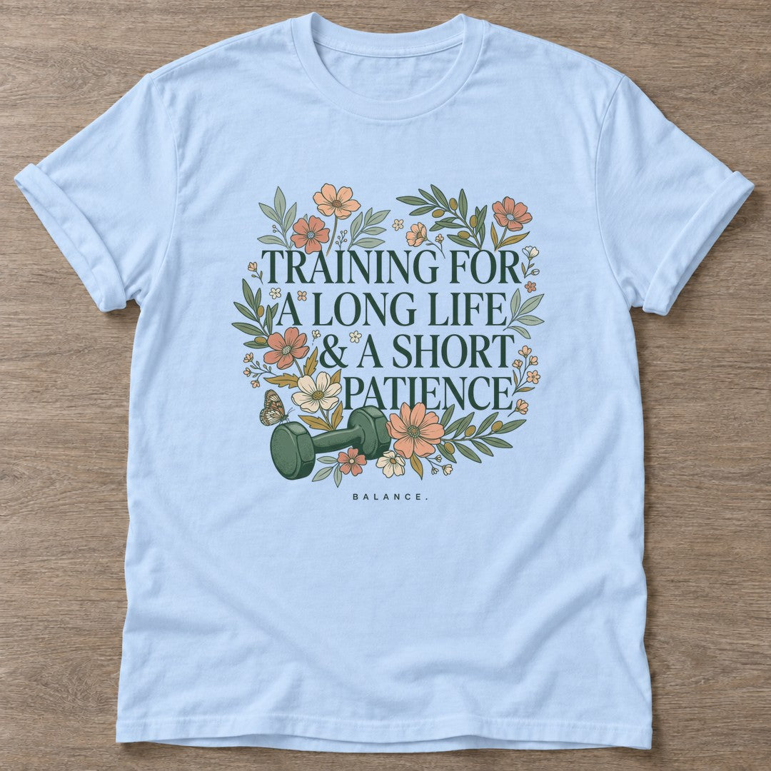 Light Blue Patience Over Perfection T-shirt — growth mindset design, for women building a habit