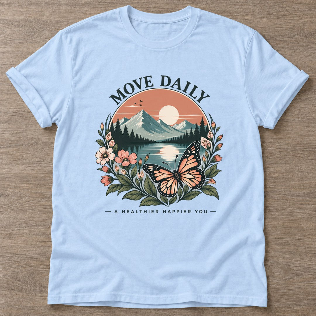 Light Blue Mountain Bloom T-shirt — floral strength design, for women who train