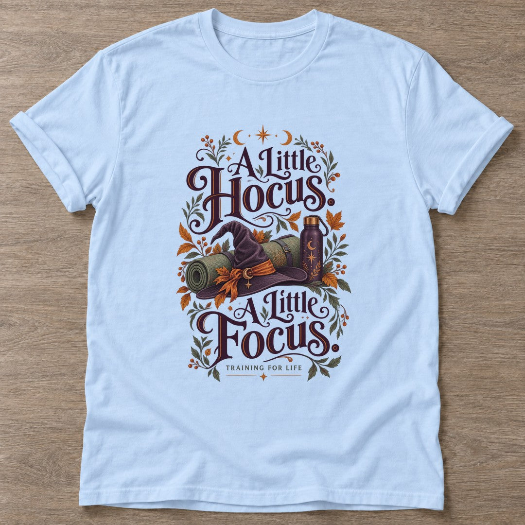 Light Blue Witchy Focus T-shirt — funny gym slogan, for women who train and laugh about it