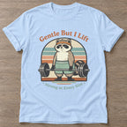 Light Blue Lifting Raccoon T-shirt — funny gym slogan, for women who train and laugh about it