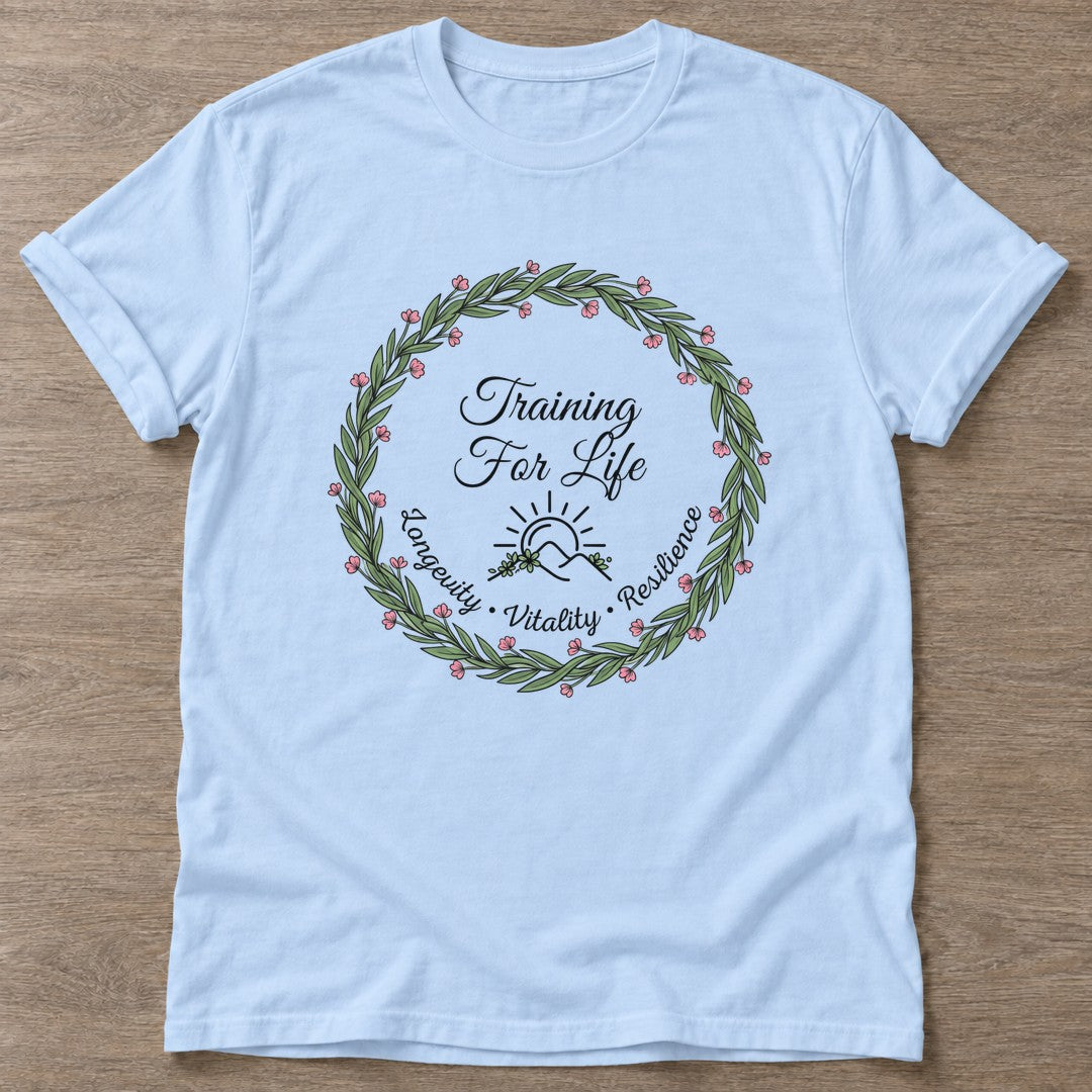 Light Blue Longevity Vitality T-shirt — longevity training design, for women over 40