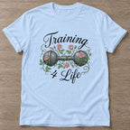 Light Blue Iron Rose T-shirt — floral strength design, for women who train