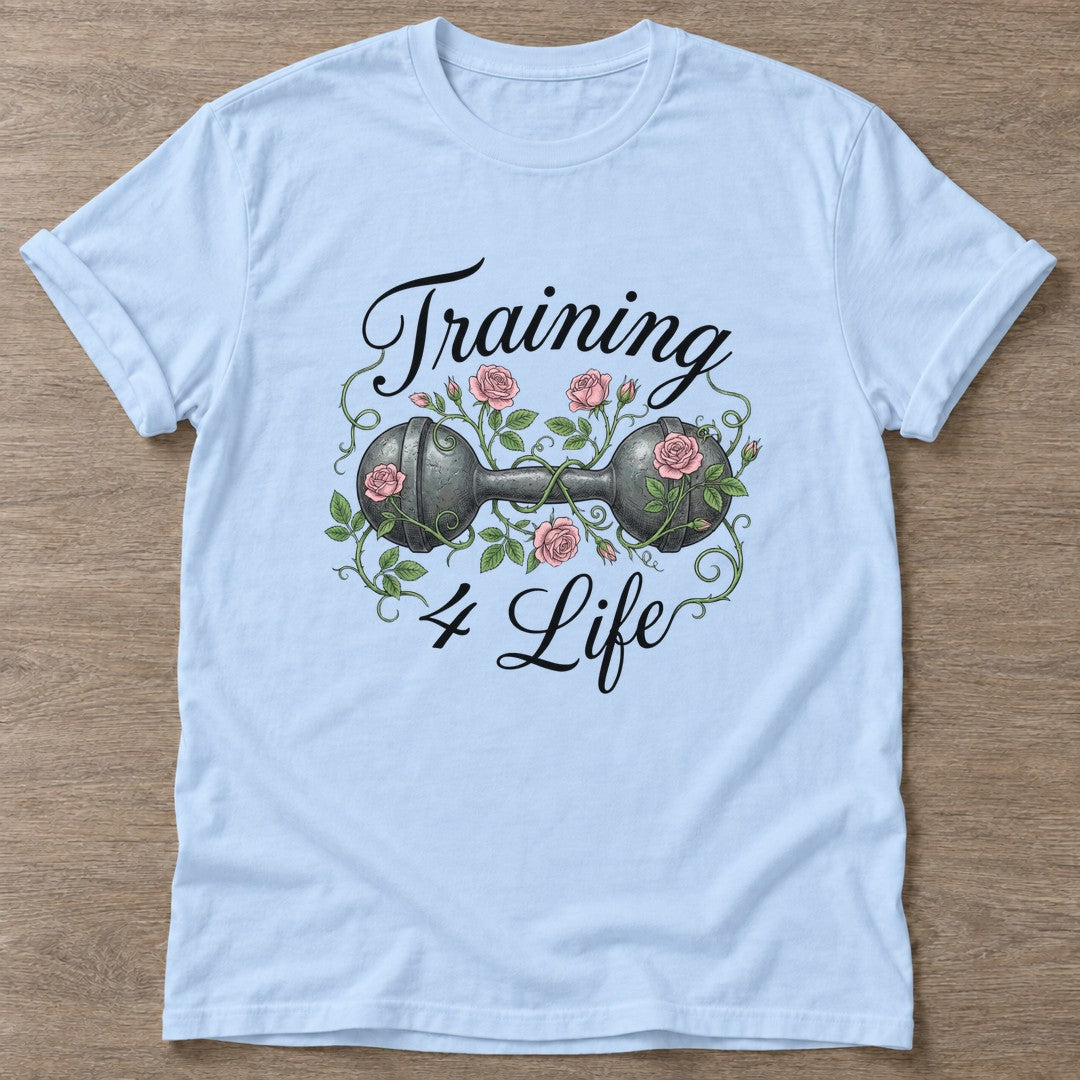 Light Blue Iron Rose T-shirt — floral strength design, for women who train