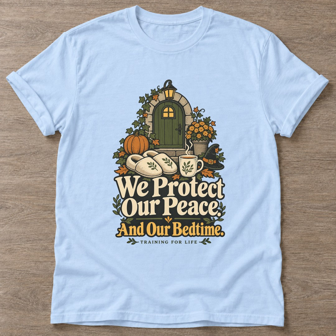 Light Blue Peace And Bedtime T-shirt — rest and recovery design, for women who train