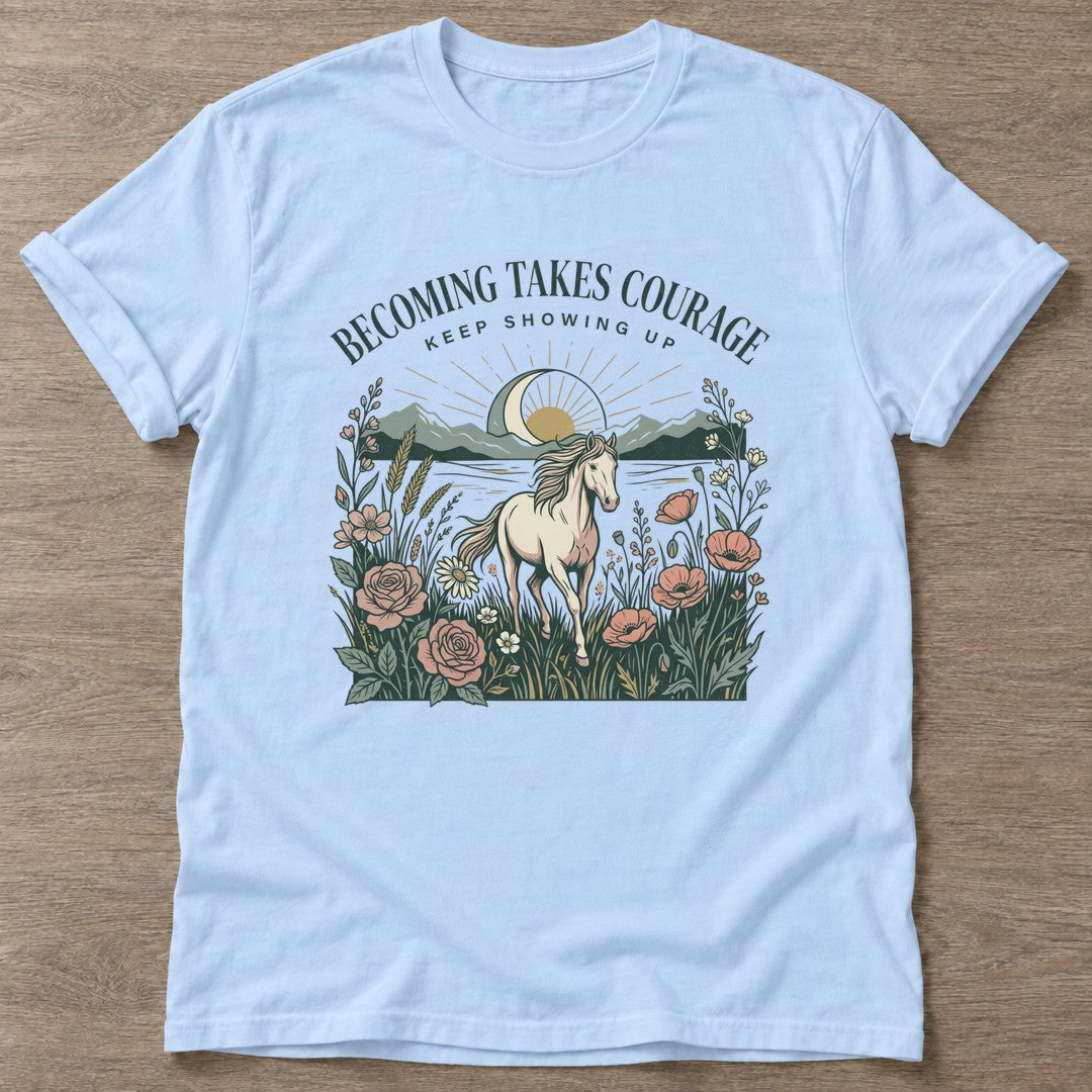 Light Blue Courage In Motion T-shirt — motivational slogan design, for women who train