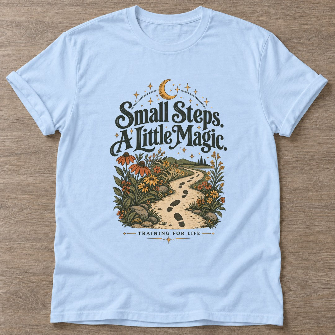 Light Blue Little Magic T-shirt — motivational slogan design, for women who train