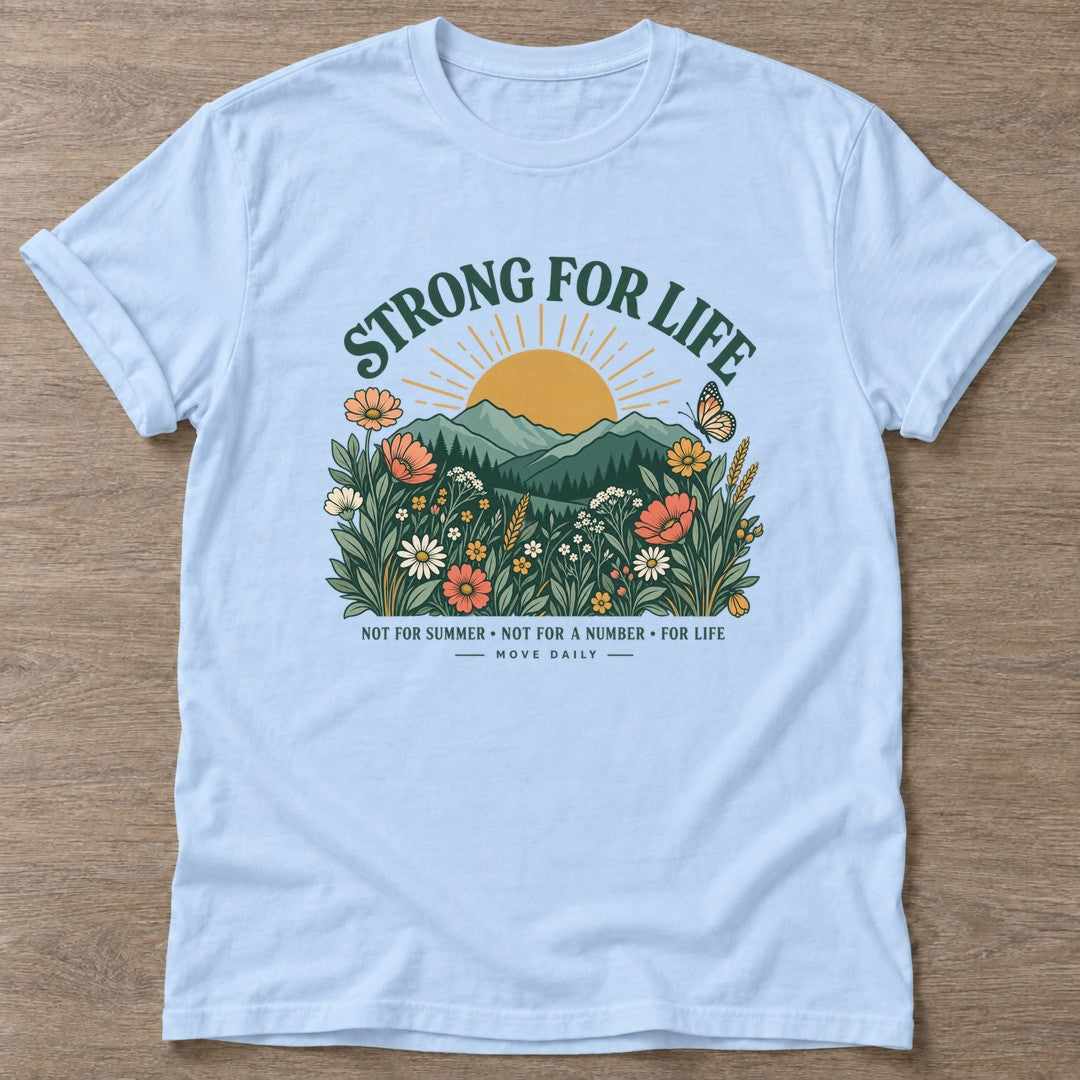 Light Blue Wildflower Strength T-shirt — floral strength design, for women who train