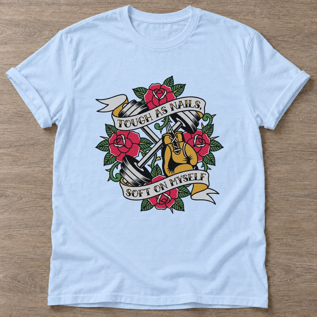 Light Blue Soft On Myself T-shirt — rest and recovery design, for women who train
