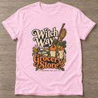 Light Pink Broomstick Groceries T-shirt — funny gym slogan, for women who train and laugh about it