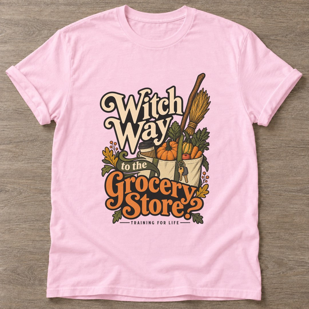 Light Pink Broomstick Groceries T-shirt — funny gym slogan, for women who train and laugh about it