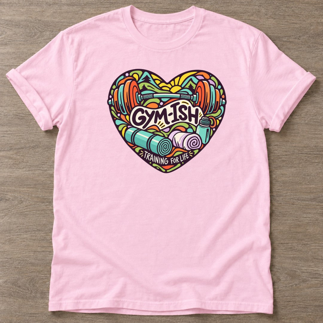 Light Pink Gym-ish Heart T-shirt — funny gym slogan, for women who train and laugh about it