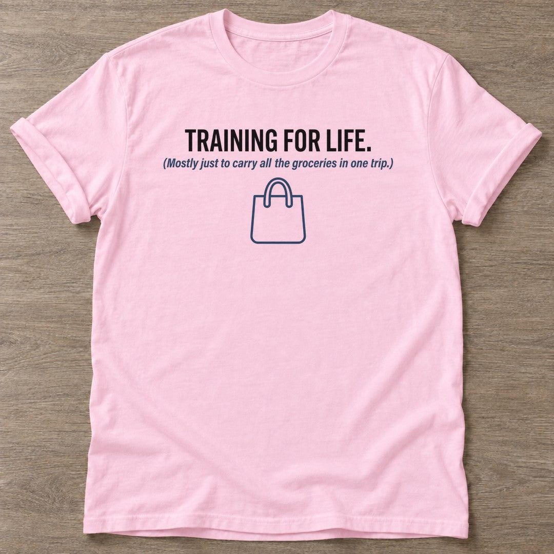 Light Pink Grocery Gains T-shirt — funny gym slogan, for women who train and laugh about it