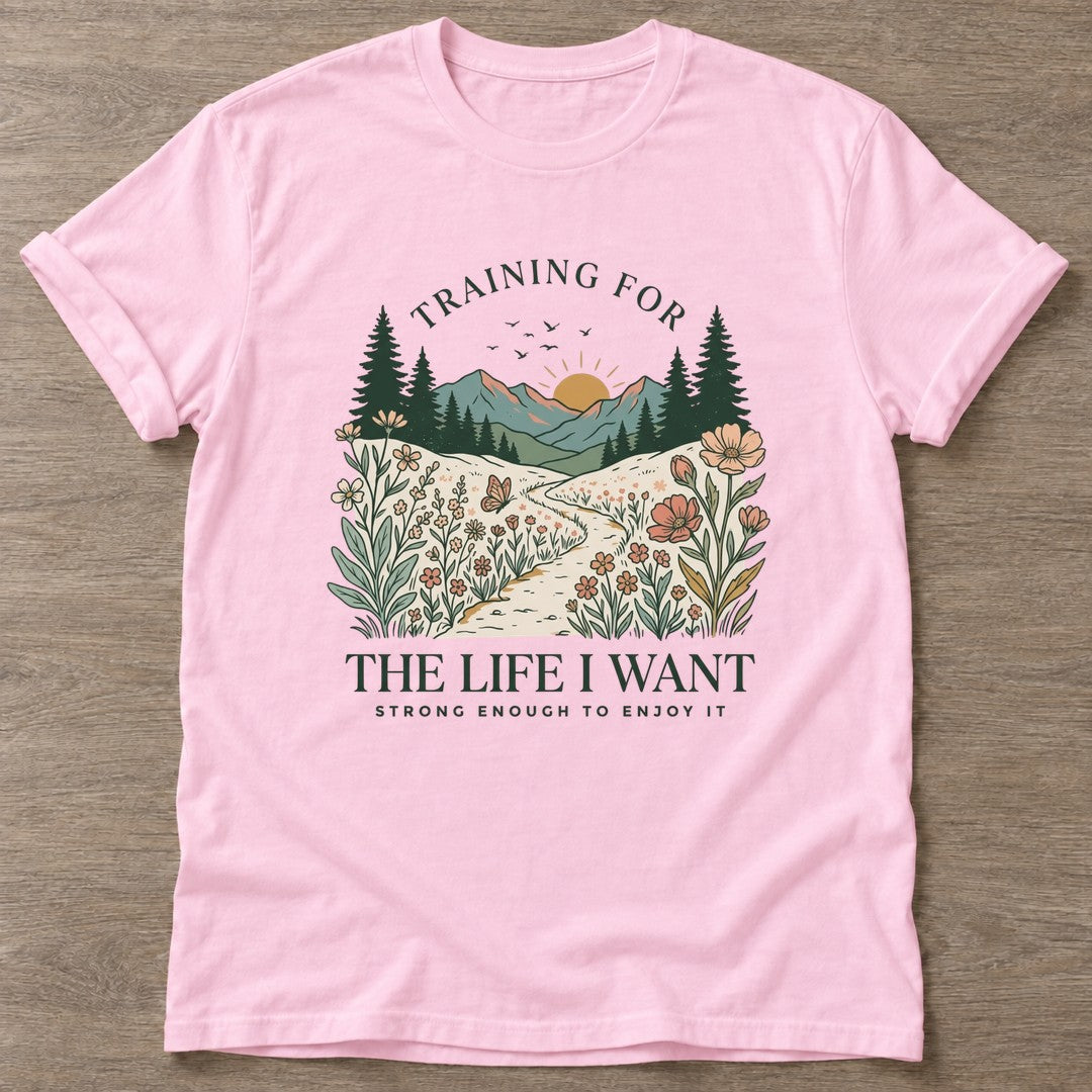 Light Pink Enjoy The Climb T-shirt — motivational slogan design, for women who train