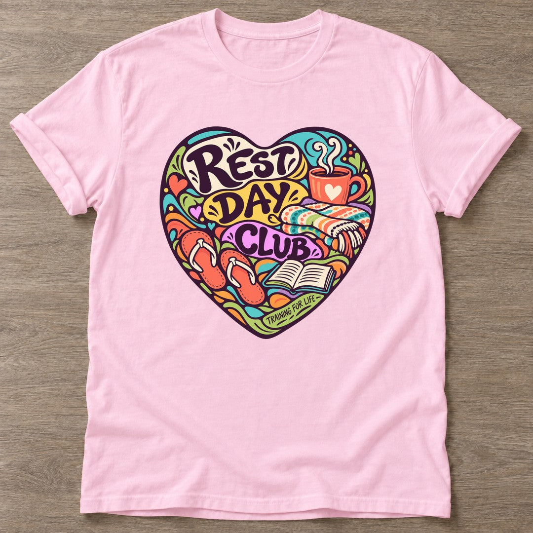 Light Pink Rest Day Club T-shirt — rest and recovery design, for women who train