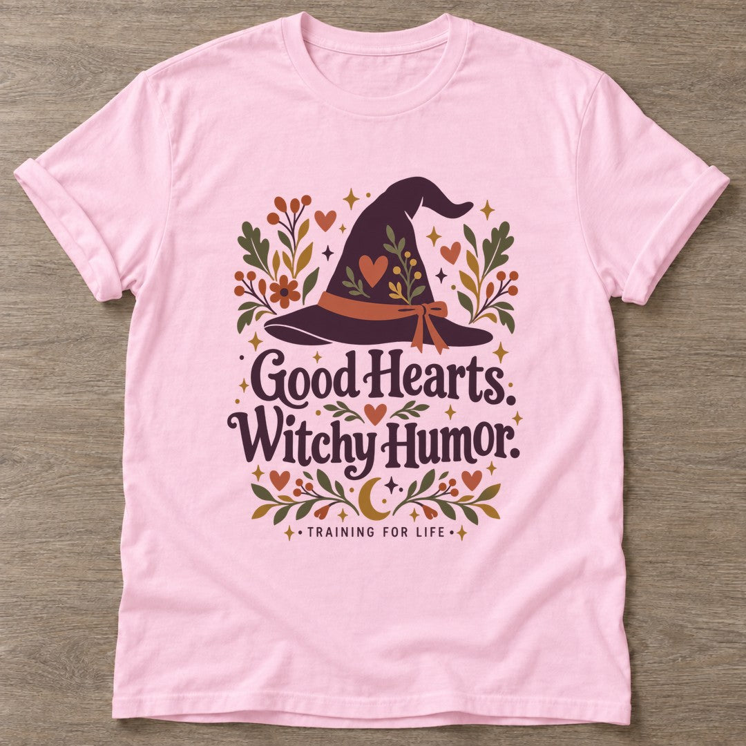 Light Pink Witchy Humor T-shirt — funny gym slogan, for women who train and laugh about it