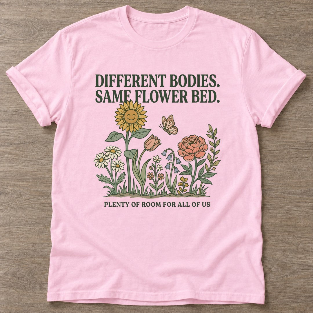 Light Pink Different Bodies T-shirt — body positive design, for every body in the gym