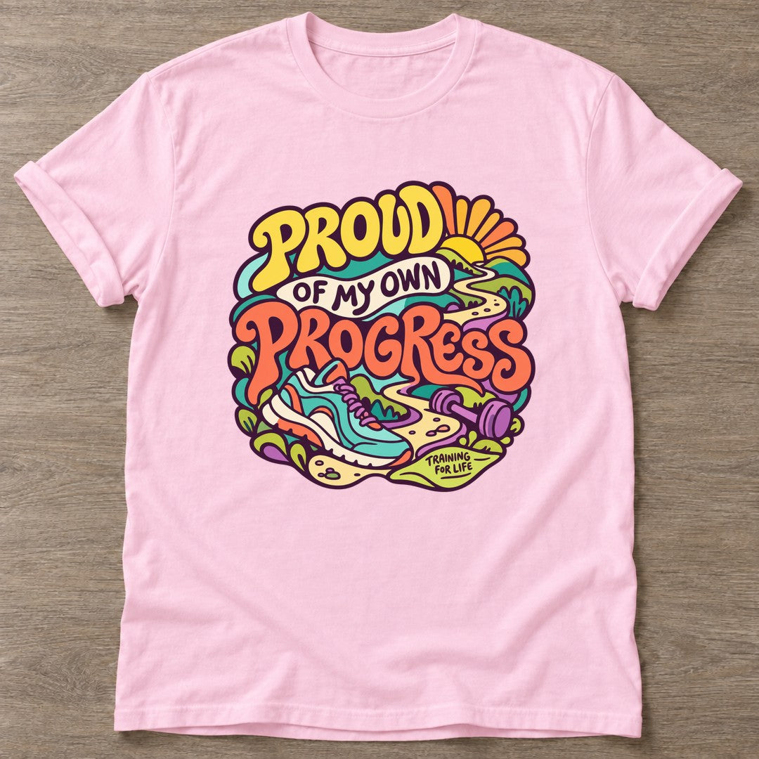 Light Pink Proud Progress T-shirt — growth mindset design, for women building a habit