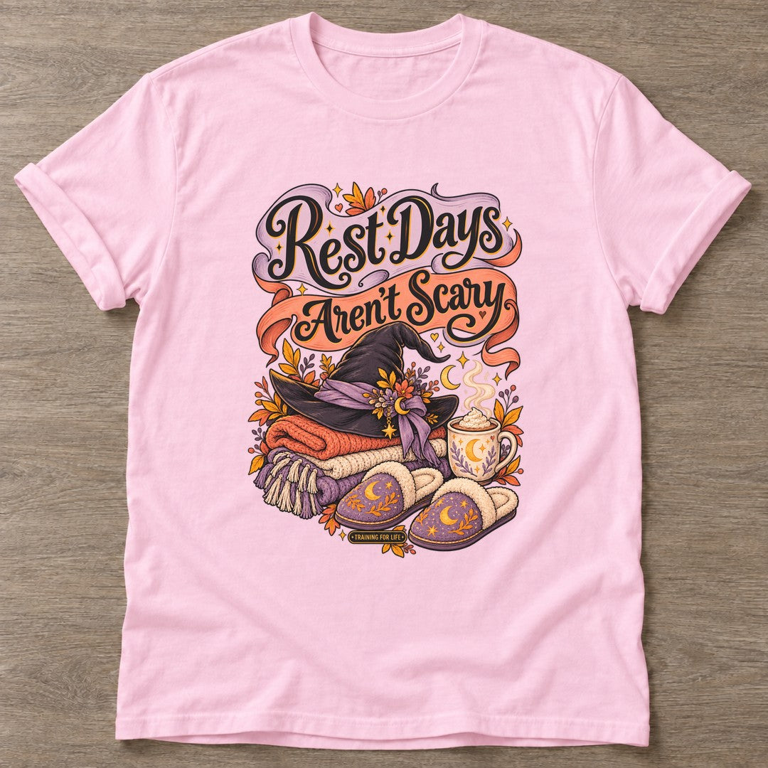 Light Pink Autumn Comfort Witch T-shirt — rest and recovery design, for women who train