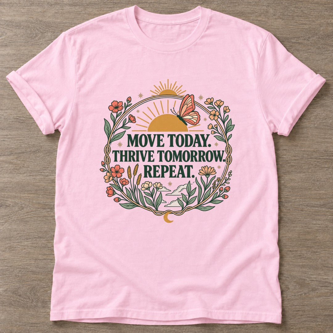 Light Pink Rise And Flourish T-shirt — growth mindset design, for women building a habit