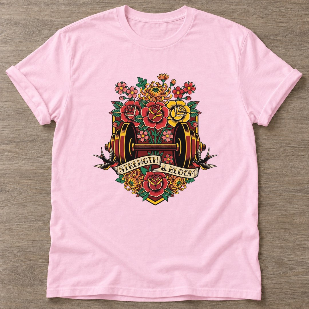 Light Pink Blossom Gains T-shirt — floral strength design, for women who train