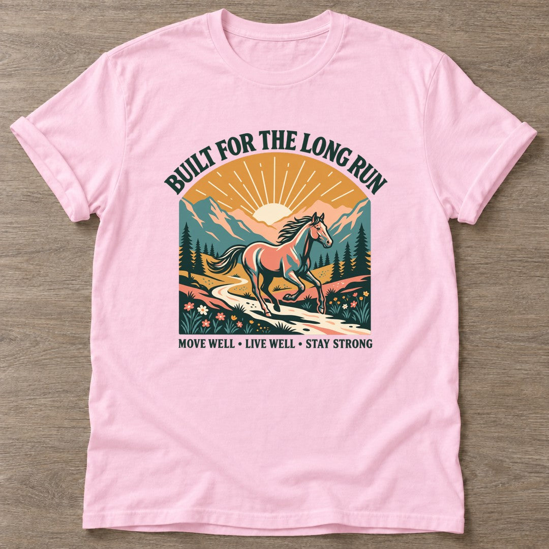 Light Pink Long Run Horse T-shirt — running design, for women who run