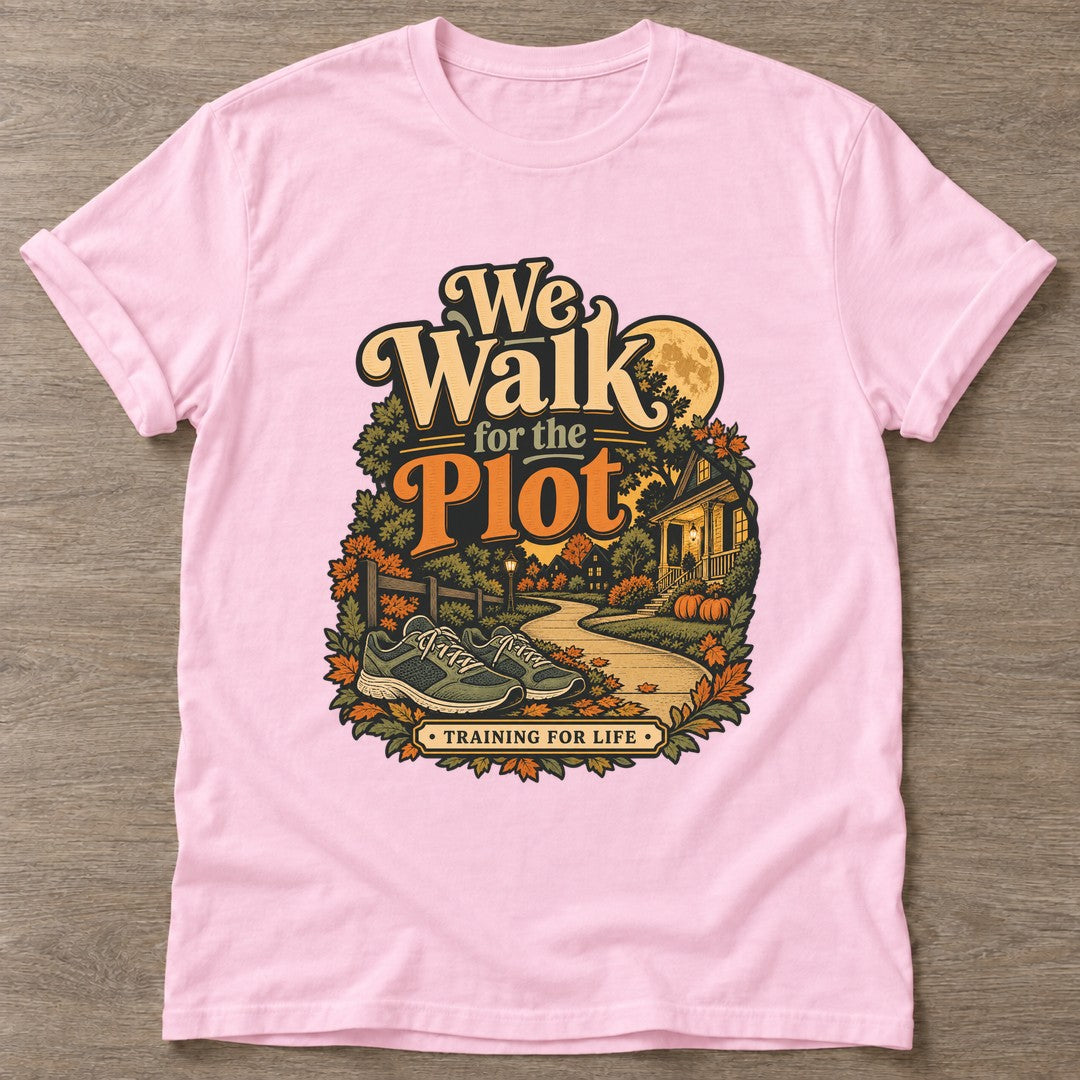 Light Pink Plot Training T-shirt — funny gym slogan, for women who train and laugh about it