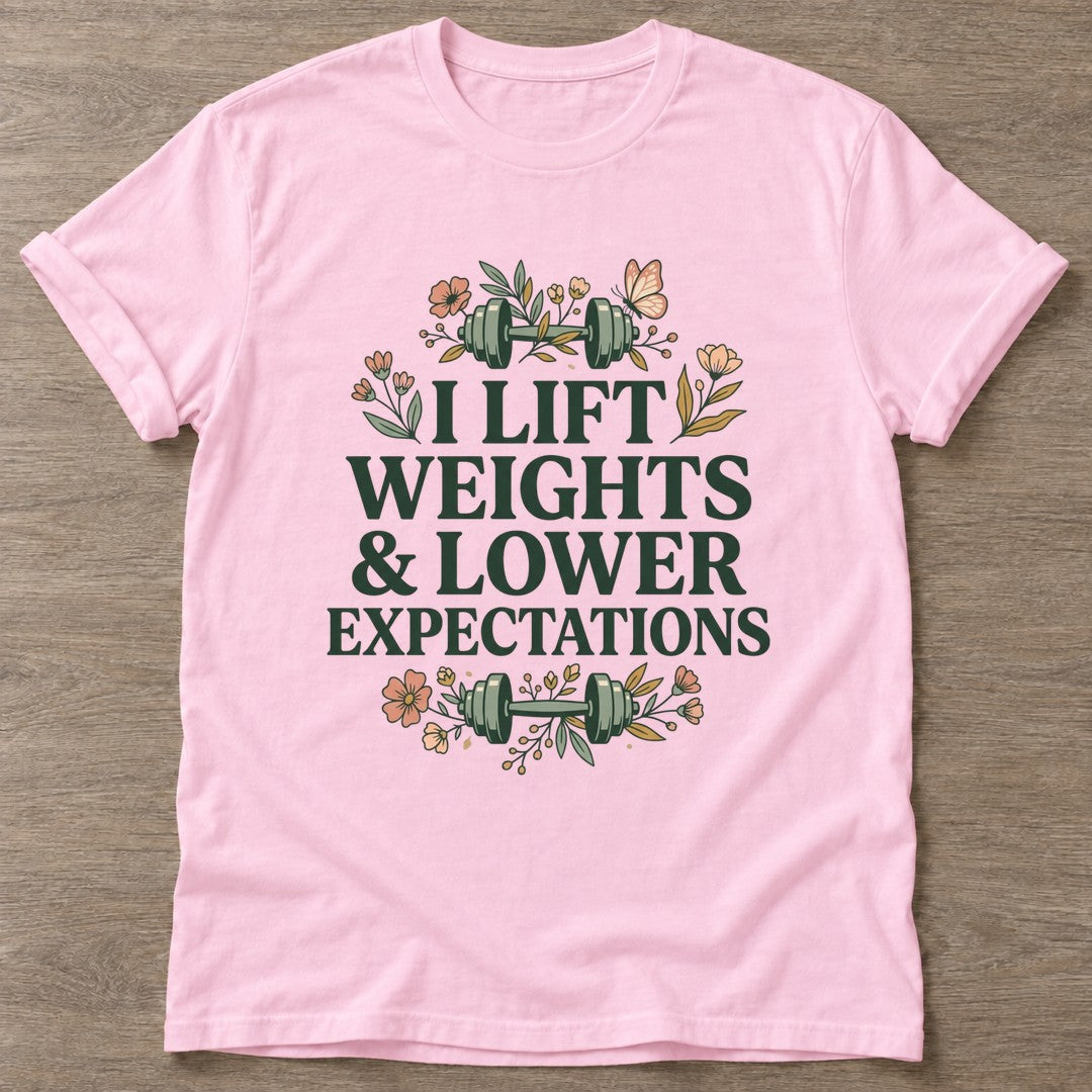 Light Pink Lift And Lower T-shirt — weightlifting design, for women who lift