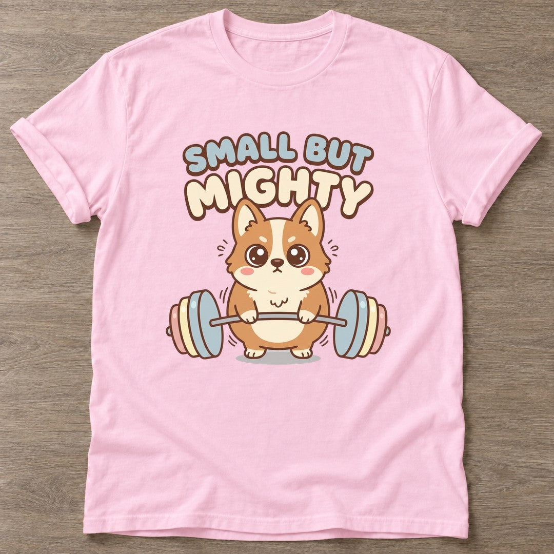 Light Pink Mighty Corgi T-shirt — funny gym slogan, for women who train and laugh about it